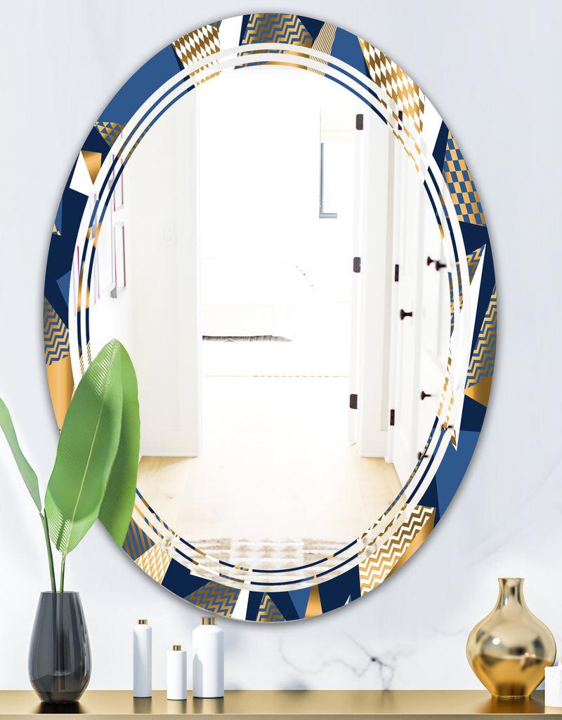 DesignQ Gold And Blue Cubes - Modern Round Or Oval Wall Mirror - Triple C