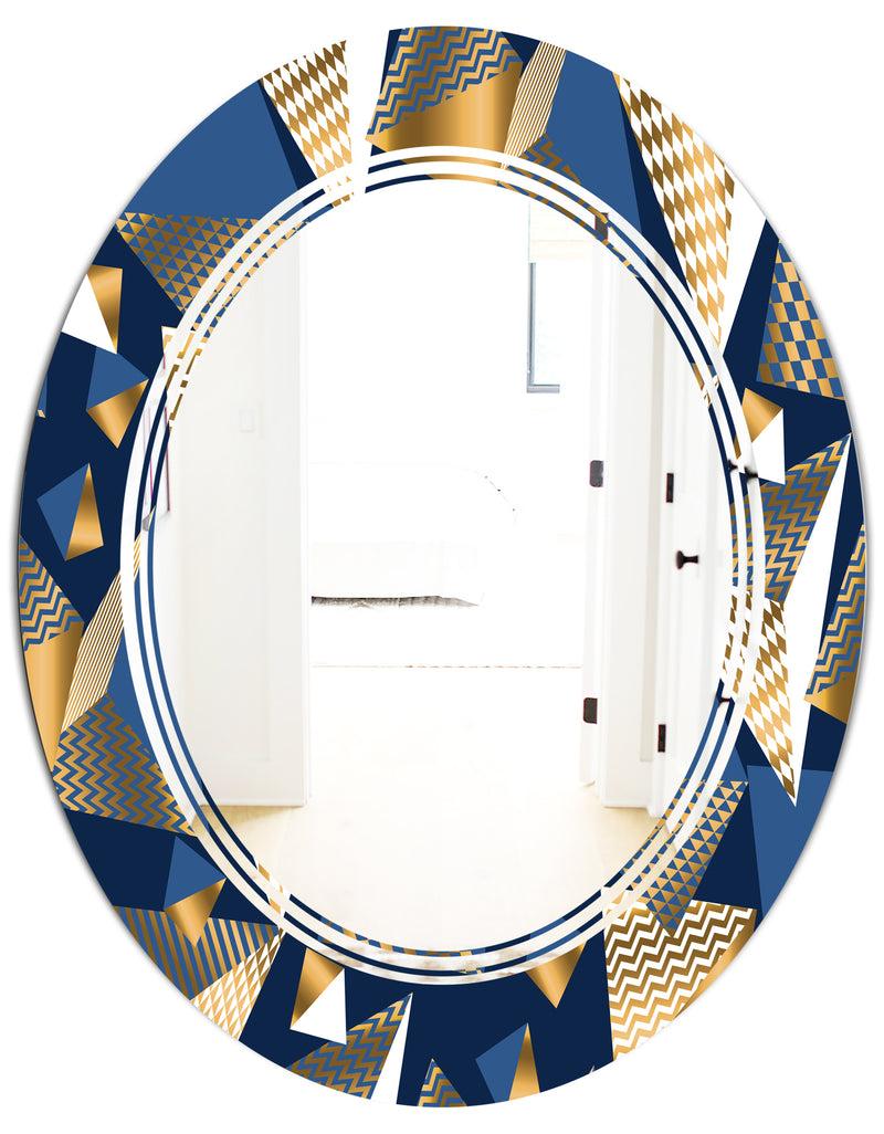 DesignQ Gold And Blue Cubes - Modern Round Or Oval Wall Mirror - Triple C