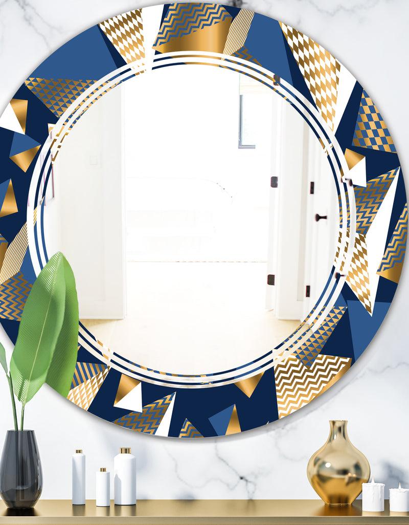 DesignQ Gold and Blue Cubes - Modern Round or Oval Wall Mirror - Triple C