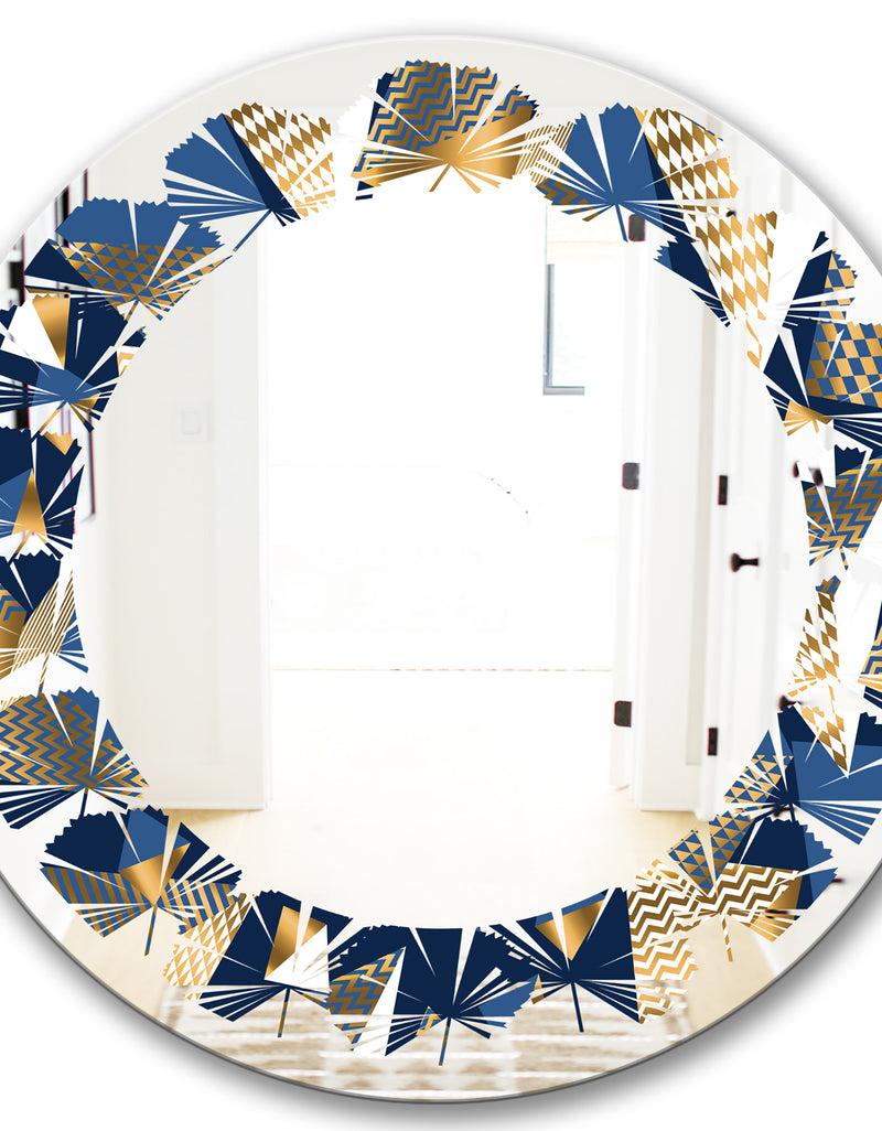 DesignQ Gold And Blue Cubes - Modern Round Or Oval Wall Mirror - Leaves