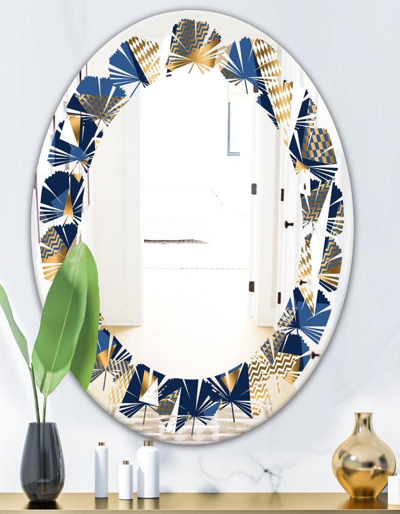 DesignQ Gold And Blue Cubes - Modern Round Or Oval Wall Mirror - Leaves