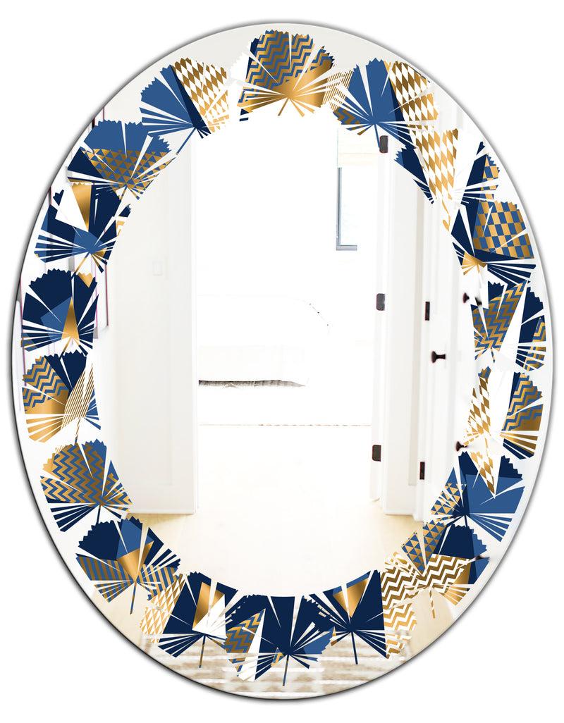 DesignQ Gold And Blue Cubes - Modern Round Or Oval Wall Mirror - Leaves