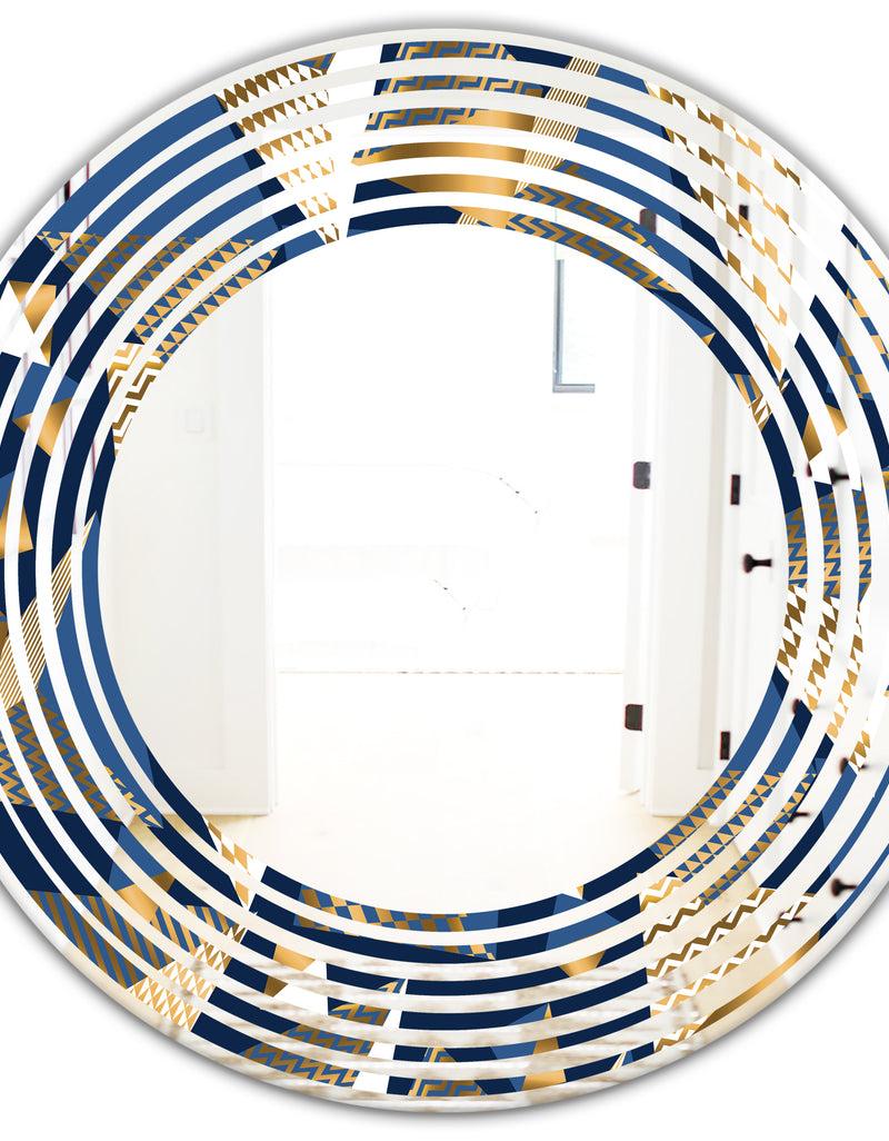 DesignQ Gold And Blue Cubes - Modern Round Or Oval Wall Mirror - Wave