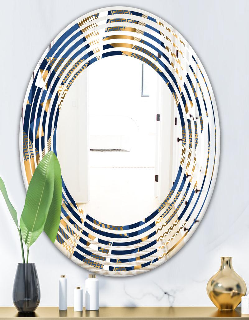 DesignQ Gold And Blue Cubes - Modern Round Or Oval Wall Mirror - Wave