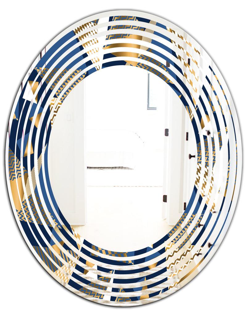 DesignQ Gold And Blue Cubes - Modern Round Or Oval Wall Mirror - Wave