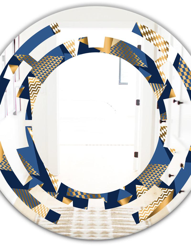 DesignQ Gold And Blue Cubes - Modern Round Or Oval Wall Mirror - Space