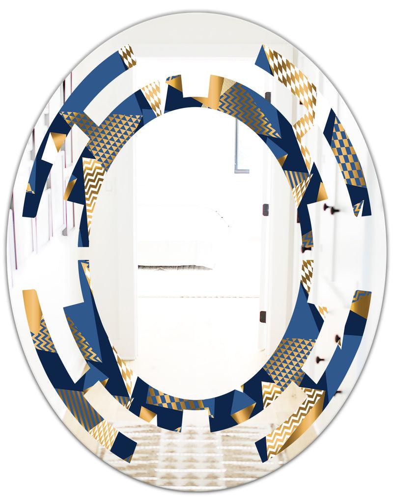 DesignQ Gold And Blue Cubes - Modern Round Or Oval Wall Mirror - Space