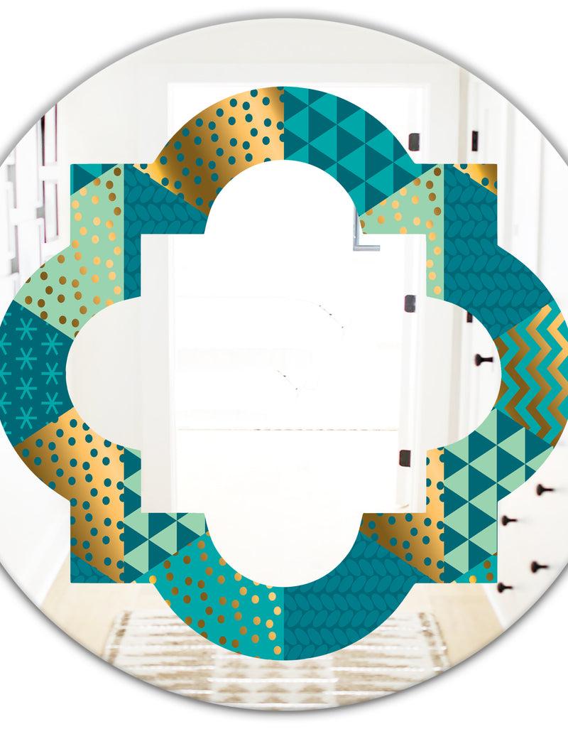 DesignQ Gold And Blue Dynamics I - Modern Round Or Oval Wall Mirror - Quatrefoil