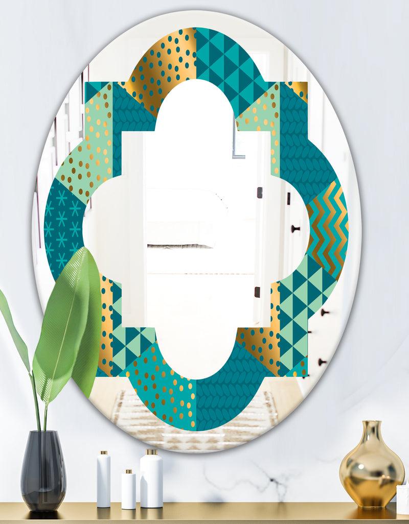 DesignQ Gold And Blue Dynamics I - Modern Round Or Oval Wall Mirror - Quatrefoil