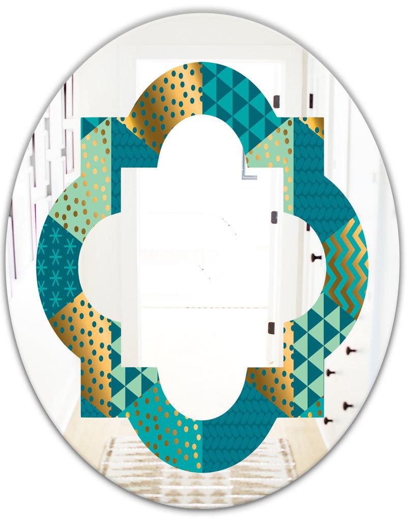 DesignQ Gold And Blue Dynamics I - Modern Round Or Oval Wall Mirror - Quatrefoil