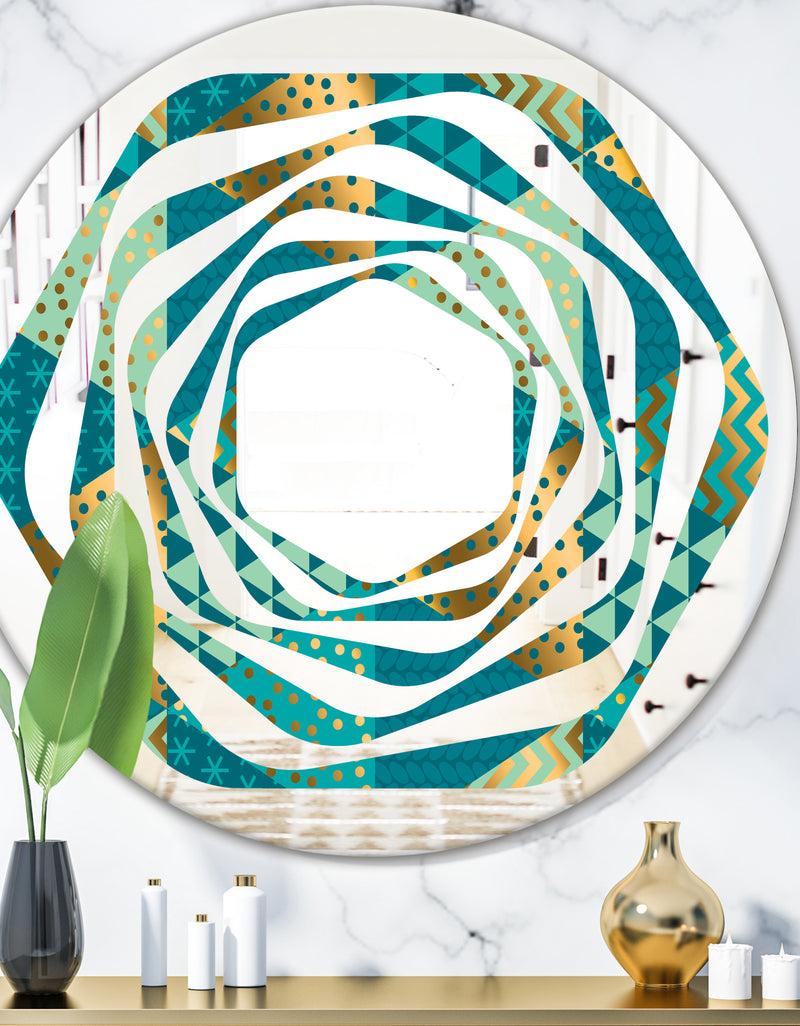 DesignQ Gold and Blue Dynamics I - Modern Round or Oval Wall Mirror - Whirl