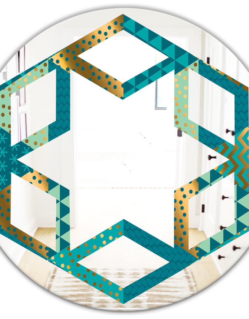 DesignQ Gold And Blue Dynamics I - Modern Round Or Oval Wall Mirror - Hexagon Star