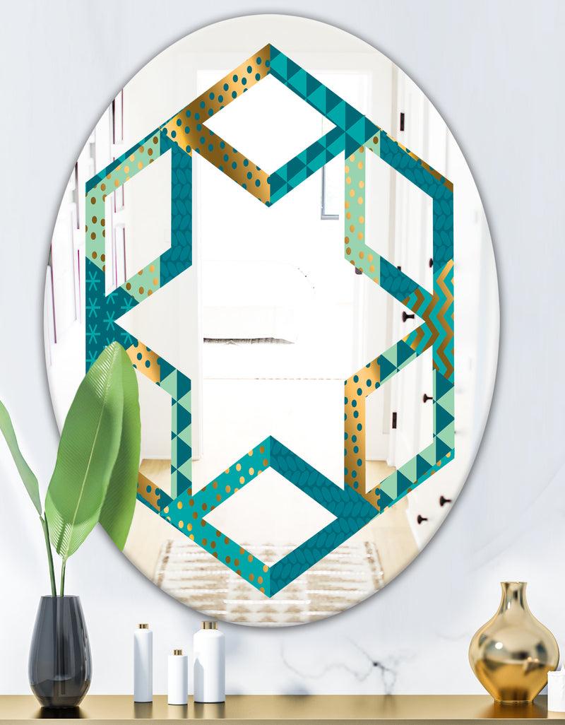 DesignQ Gold And Blue Dynamics I - Modern Round Or Oval Wall Mirror - Hexagon Star