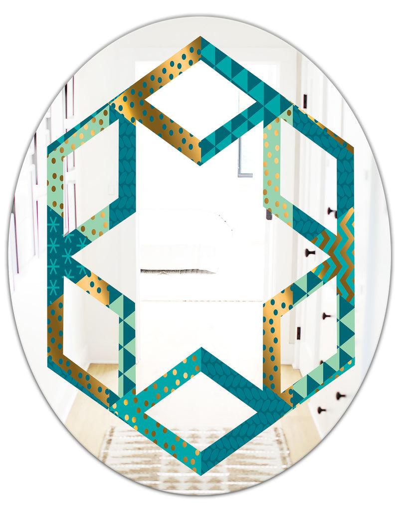 DesignQ Gold And Blue Dynamics I - Modern Round Or Oval Wall Mirror - Hexagon Star