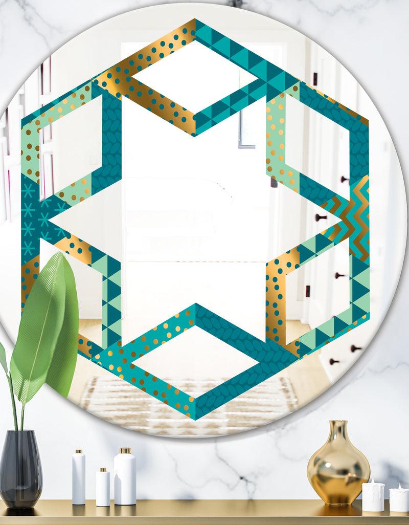 DesignQ Gold and Blue Dynamics I - Modern Round or Oval Wall Mirror - Hexagon Star