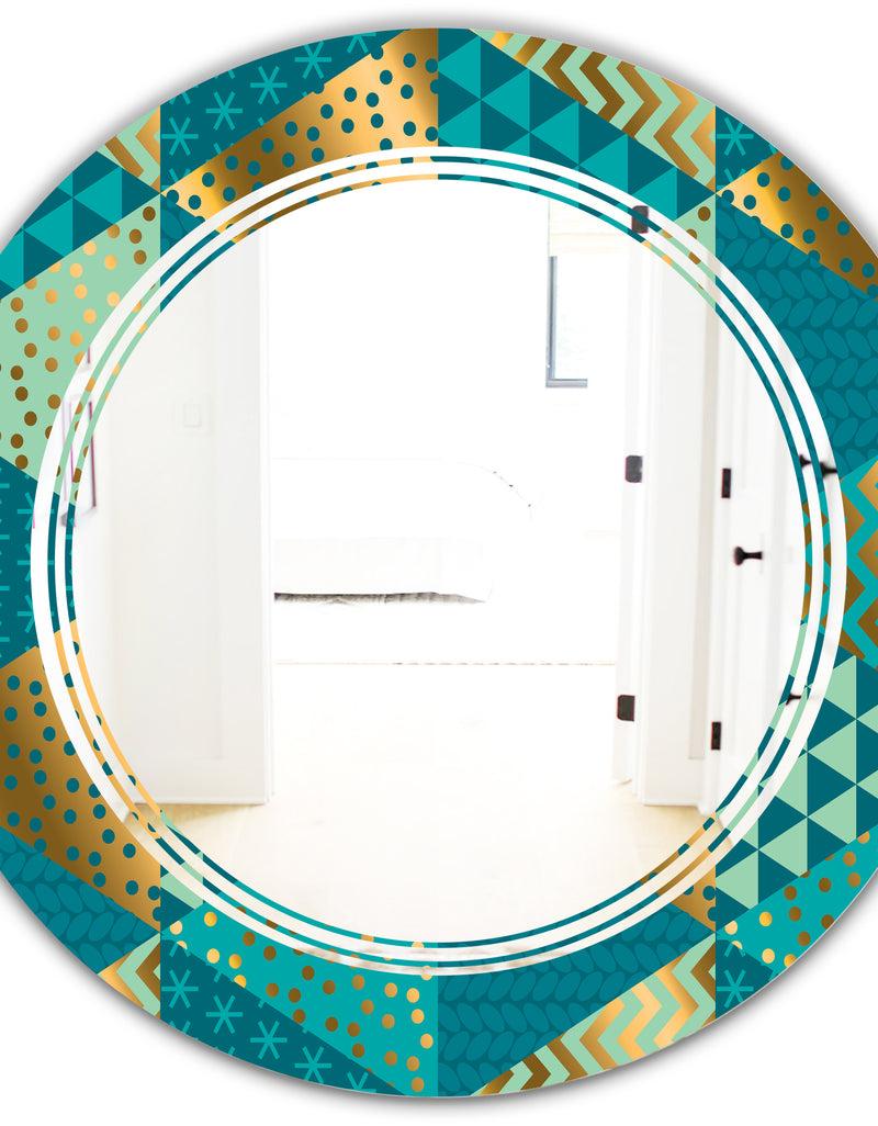 DesignQ Gold And Blue Dynamics I - Modern Round Or Oval Wall Mirror - Triple C