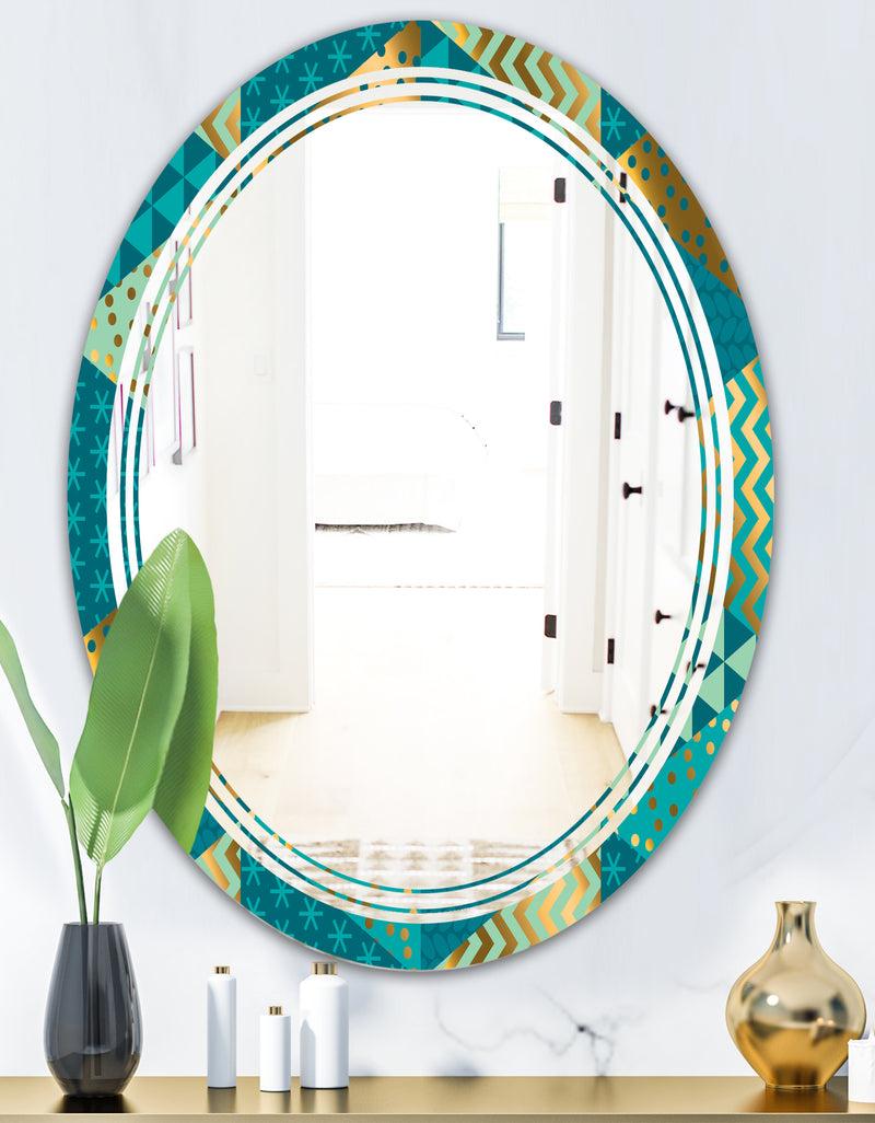 DesignQ Gold And Blue Dynamics I - Modern Round Or Oval Wall Mirror - Triple C