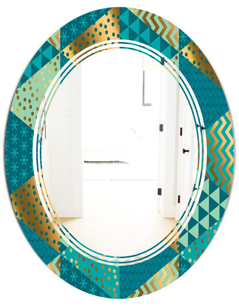 DesignQ Gold And Blue Dynamics I - Modern Round Or Oval Wall Mirror - Triple C