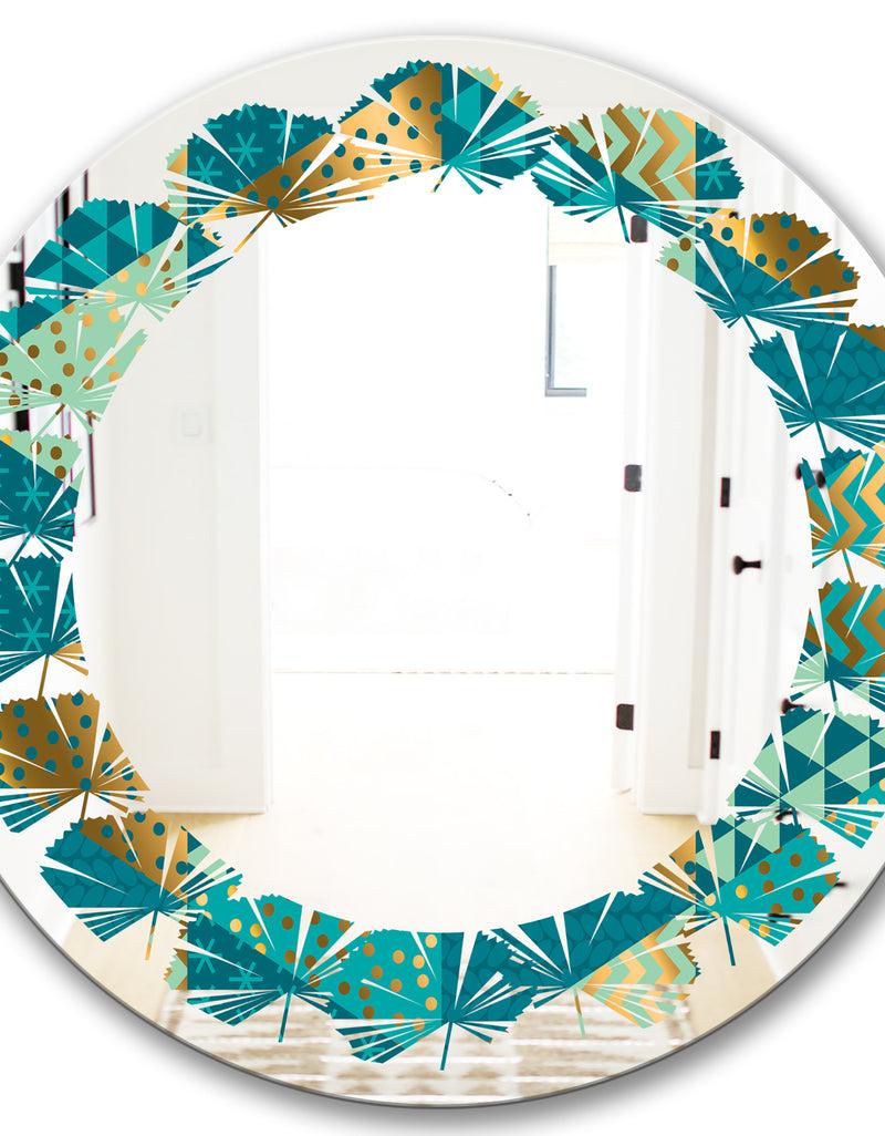 DesignQ Gold And Blue Dynamics I - Modern Round Or Oval Wall Mirror - Leaves