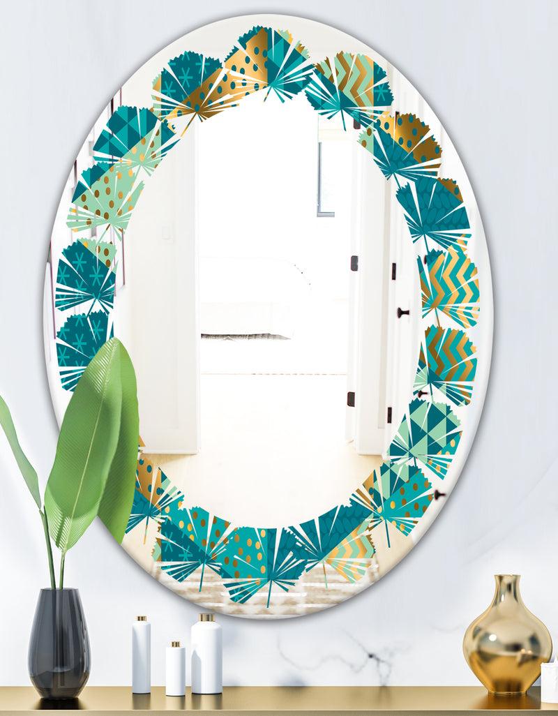 DesignQ Gold And Blue Dynamics I - Modern Round Or Oval Wall Mirror - Leaves