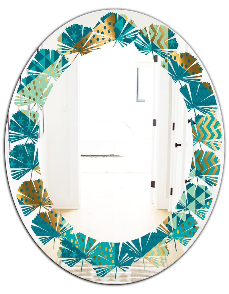 DesignQ Gold And Blue Dynamics I - Modern Round Or Oval Wall Mirror - Leaves