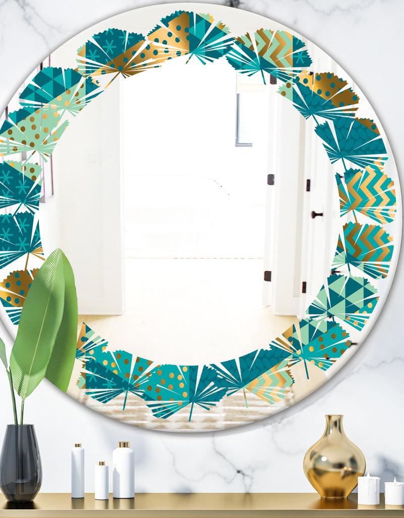 DesignQ Gold and Blue Dynamics I - Modern Round or Oval Wall Mirror - Leaves