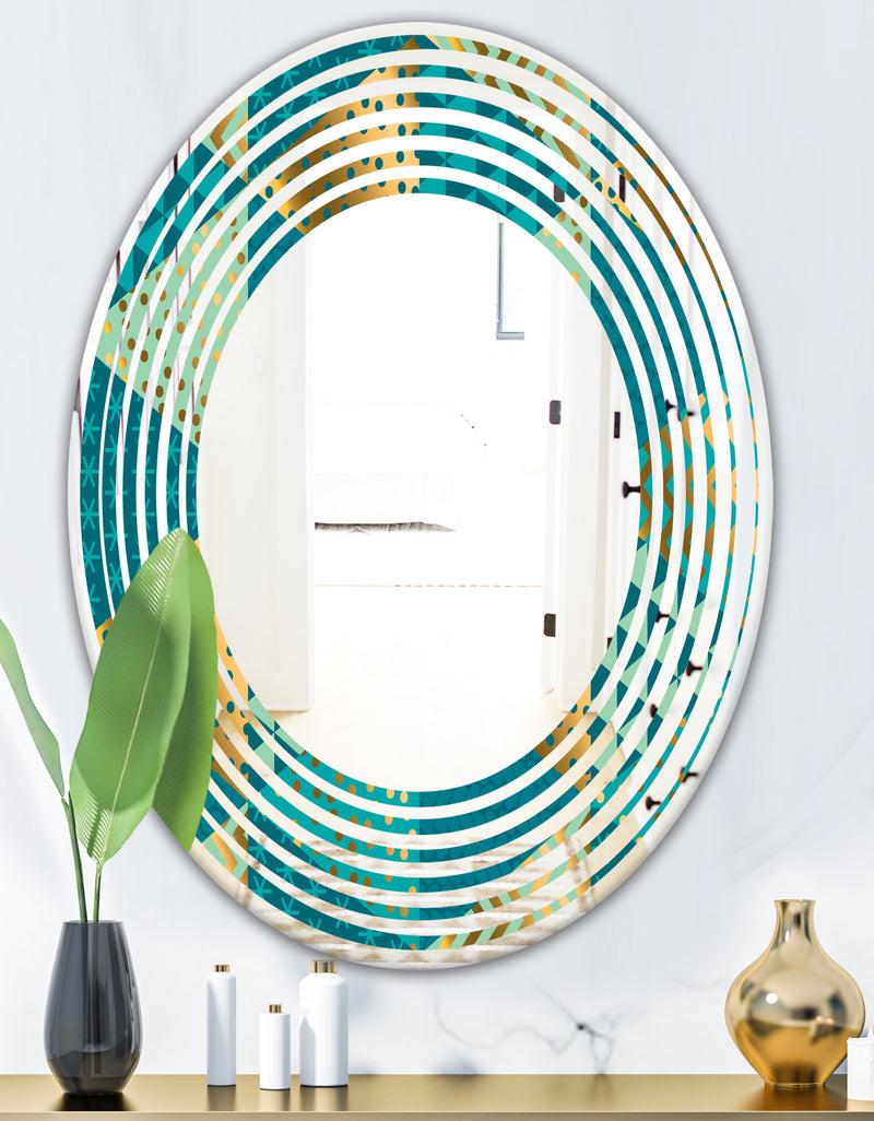 DesignQ Gold And Blue Dynamics I - Modern Round Or Oval Wall Mirror - Wave