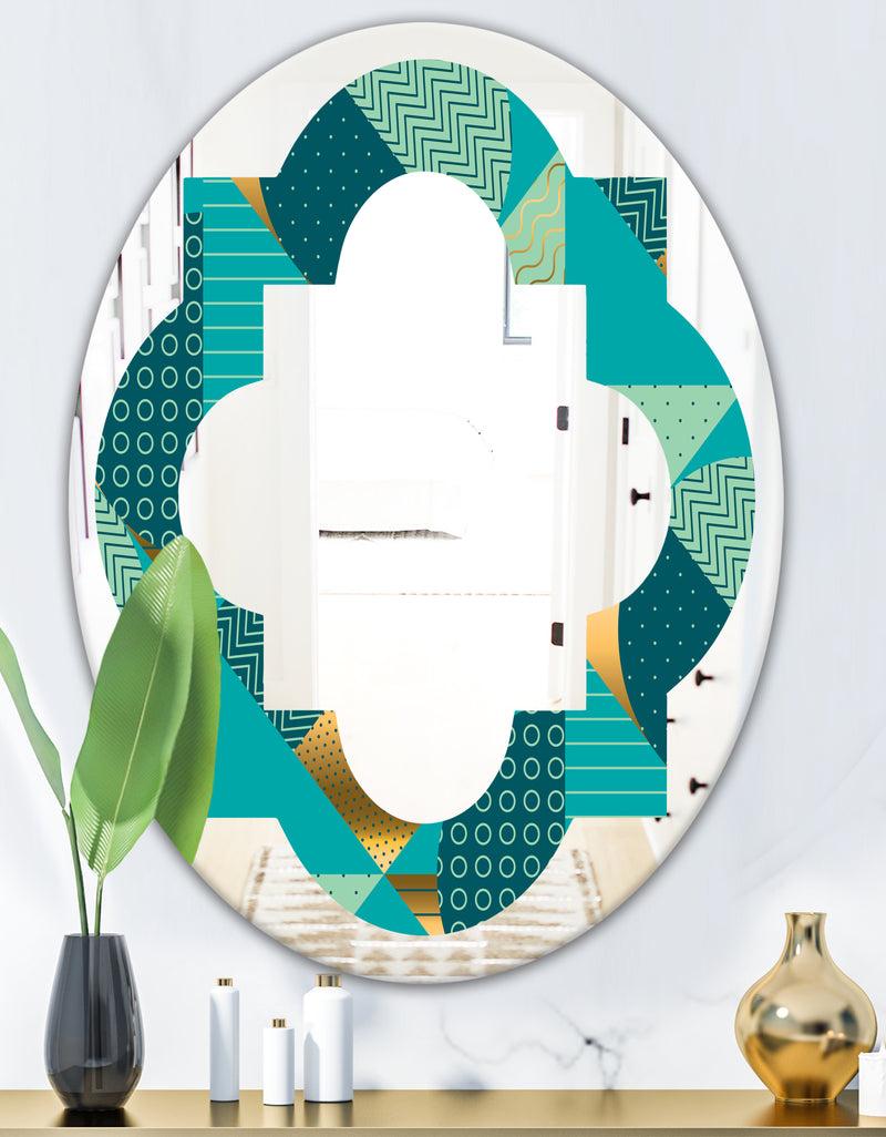 DesignQ Gold And Blue Dynamics II - Modern Round Or Oval Wall Mirror - Quatrefoil