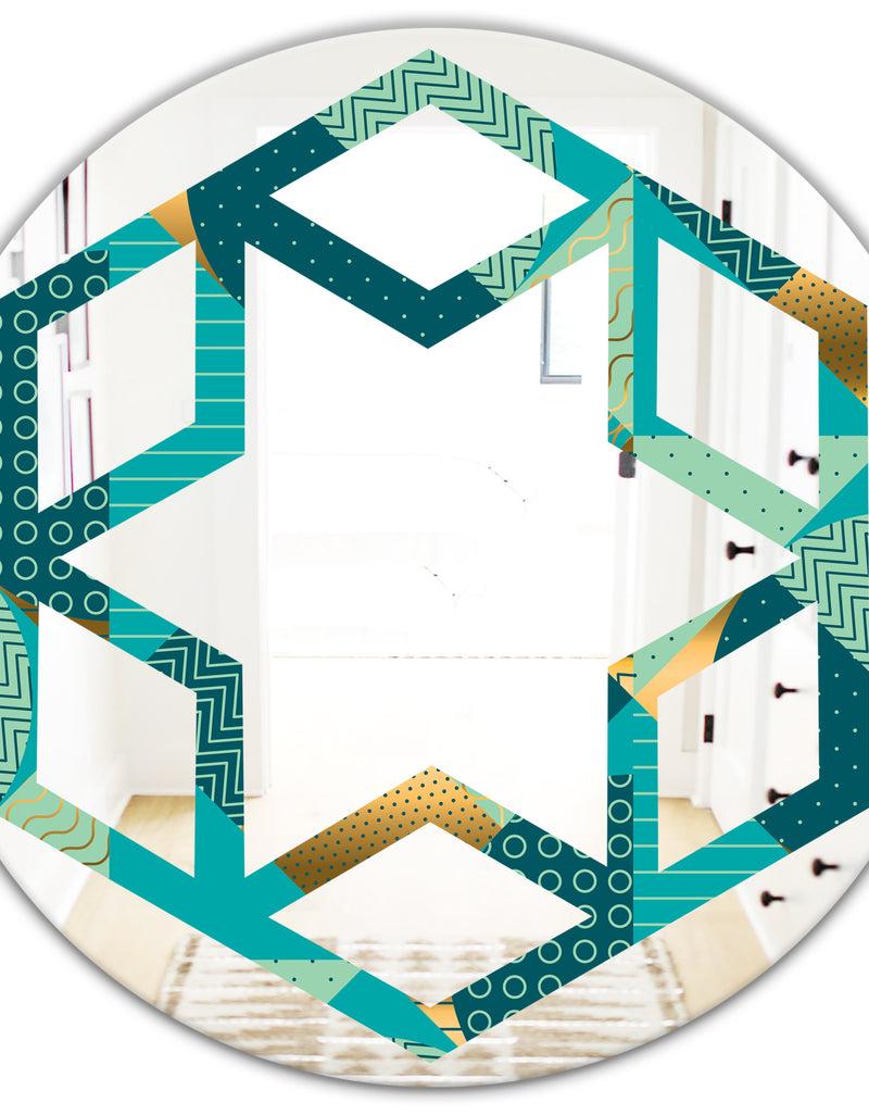 DesignQ Gold And Blue Dynamics II - Modern Round Or Oval Wall Mirror - Hexagon Star