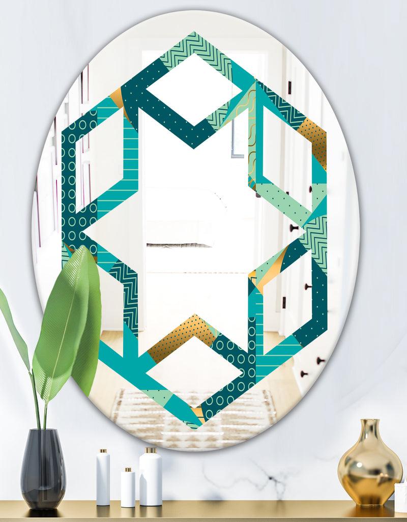 DesignQ Gold And Blue Dynamics II - Modern Round Or Oval Wall Mirror - Hexagon Star