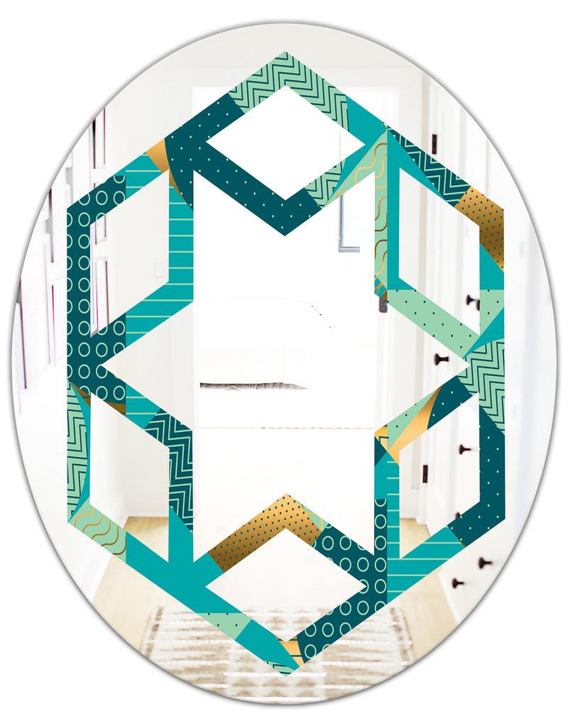 DesignQ Gold And Blue Dynamics II - Modern Round Or Oval Wall Mirror - Hexagon Star