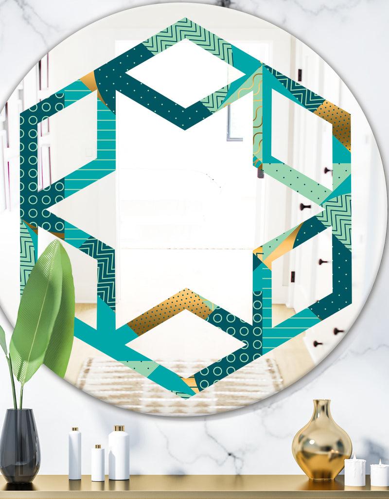 DesignQ Gold and Blue Dynamics II - Modern Round or Oval Wall Mirror - Hexagon Star