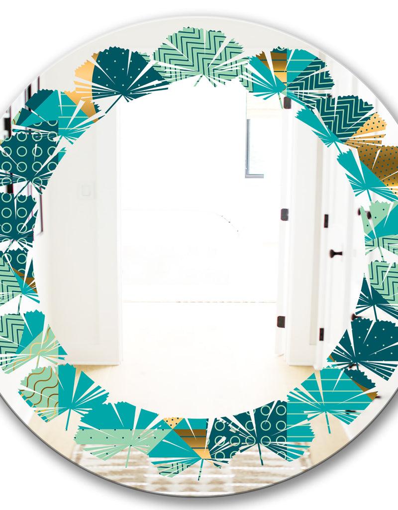 DesignQ Gold And Blue Dynamics II - Modern Round Or Oval Wall Mirror - Leaves