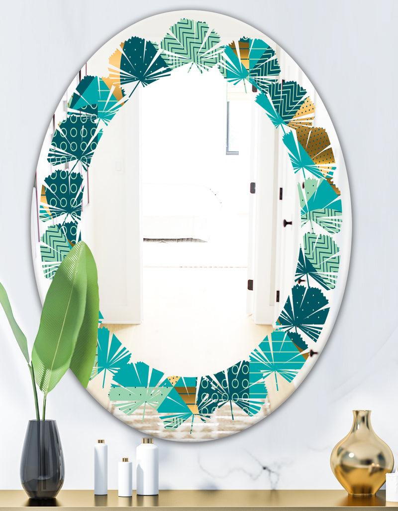DesignQ Gold And Blue Dynamics II - Modern Round Or Oval Wall Mirror - Leaves