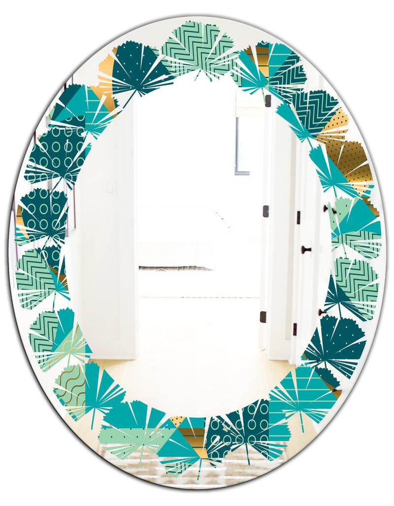 DesignQ Gold And Blue Dynamics II - Modern Round Or Oval Wall Mirror - Leaves