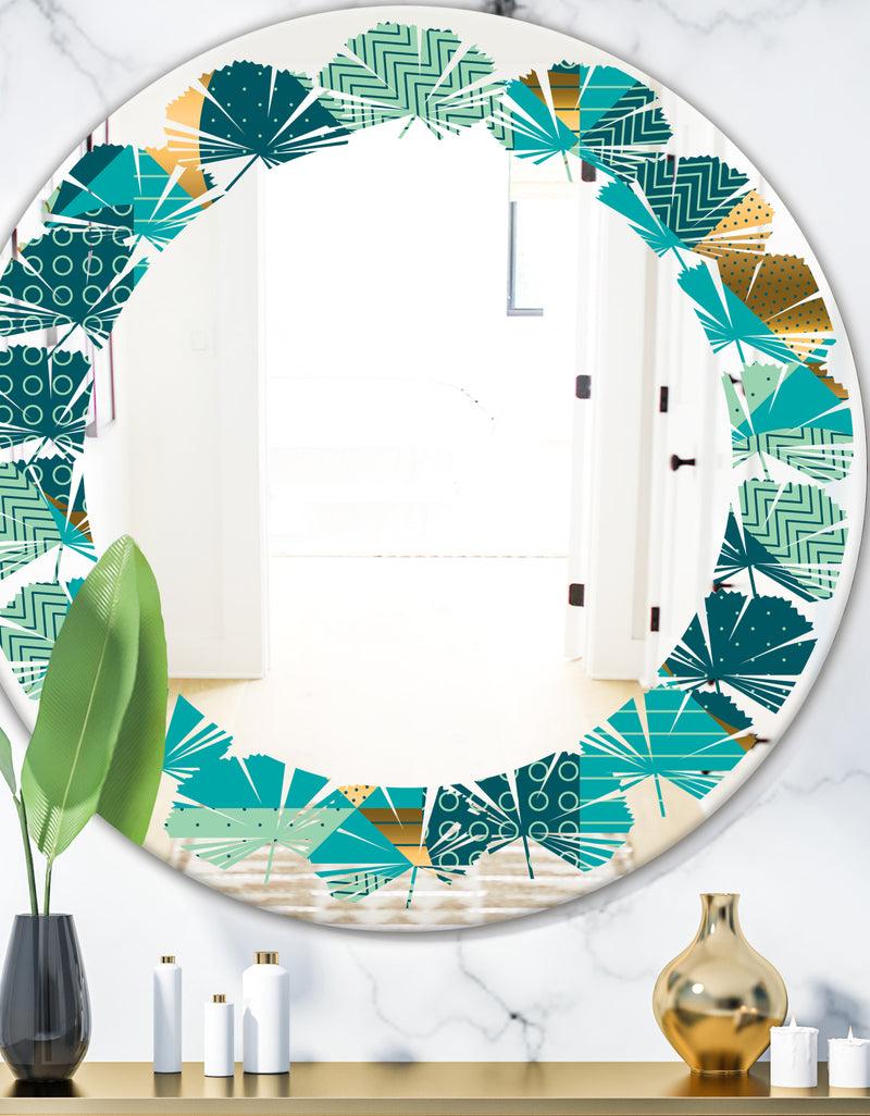 DesignQ Gold and Blue Dynamics II - Modern Round or Oval Wall Mirror - Leaves