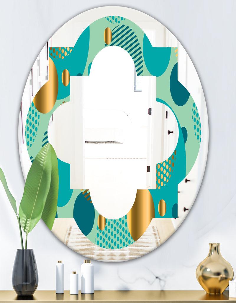 DesignQ Gold And Blue Dynamics III - Modern Round Or Oval Wall Mirror - Quatrefoil