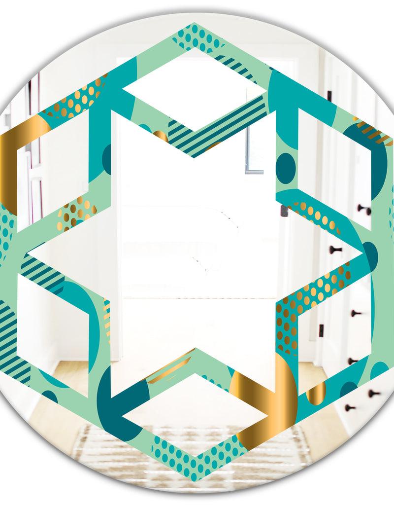DesignQ Gold And Blue Dynamics III - Modern Round Or Oval Wall Mirror - Hexagon Star