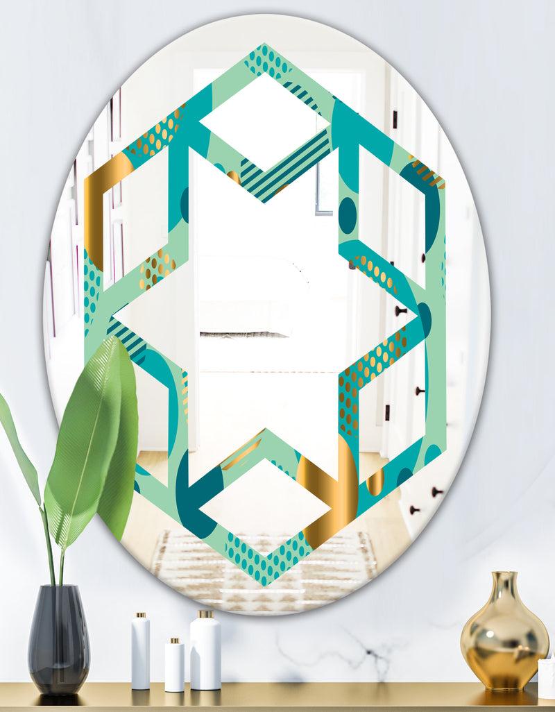 DesignQ Gold And Blue Dynamics III - Modern Round Or Oval Wall Mirror - Hexagon Star