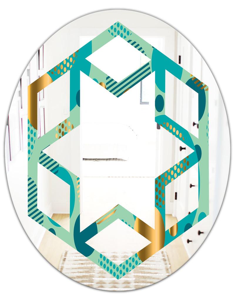 DesignQ Gold And Blue Dynamics III - Modern Round Or Oval Wall Mirror - Hexagon Star