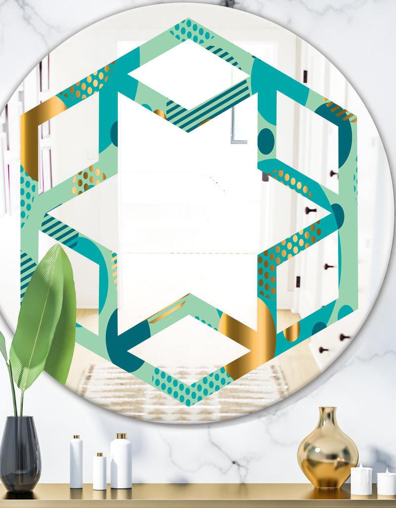 DesignQ Gold and Blue Dynamics III - Modern Round or Oval Wall Mirror - Hexagon Star