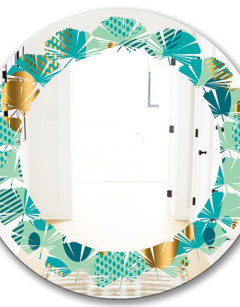 DesignQ Gold And Blue Dynamics III - Modern Round Or Oval Wall Mirror - Leaves