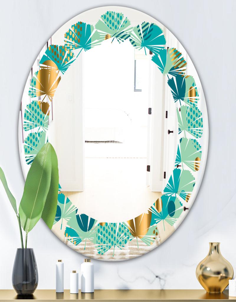 DesignQ Gold And Blue Dynamics III - Modern Round Or Oval Wall Mirror - Leaves