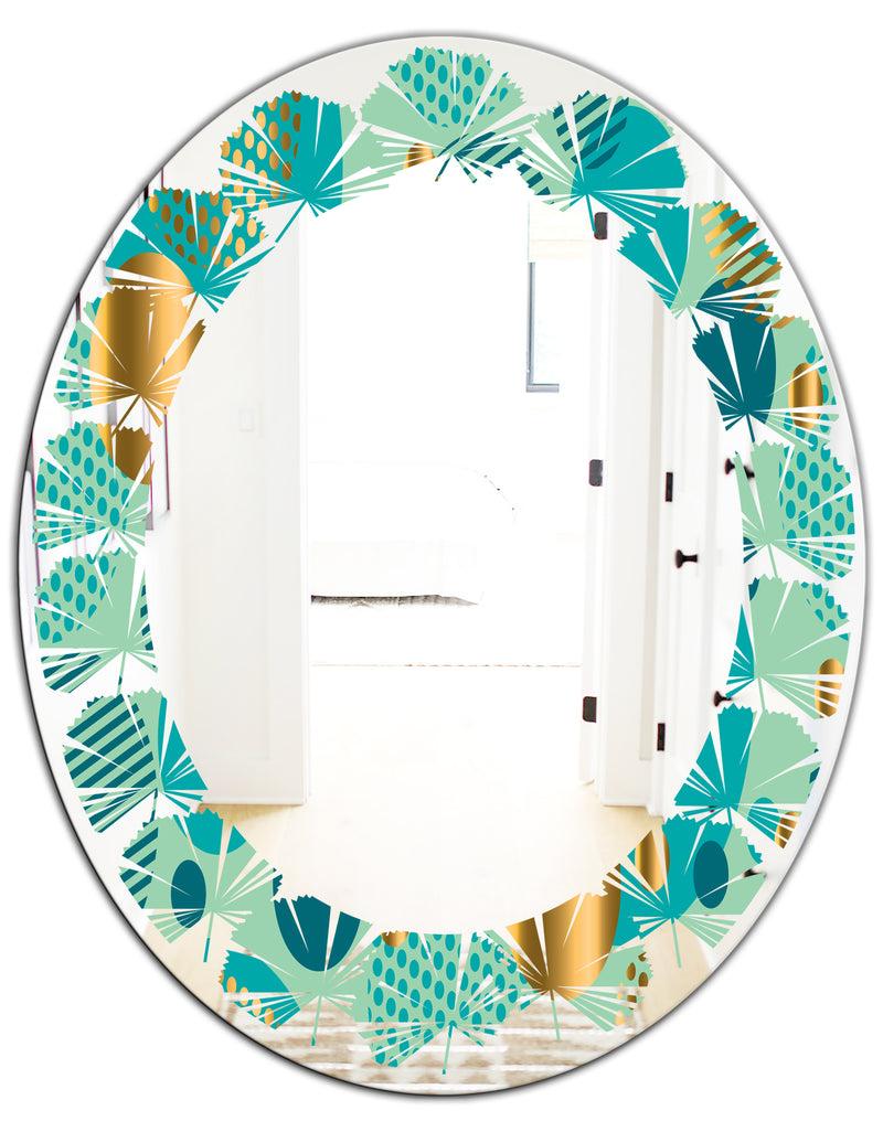 DesignQ Gold And Blue Dynamics III - Modern Round Or Oval Wall Mirror - Leaves