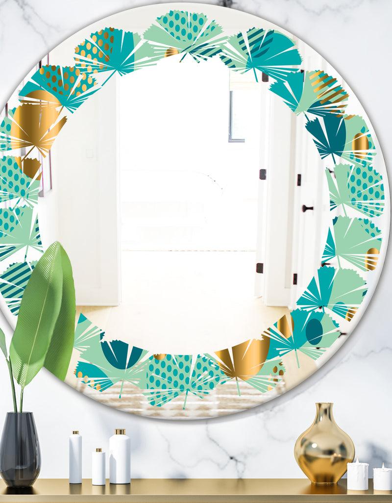 DesignQ Gold and Blue Dynamics III - Modern Round or Oval Wall Mirror - Leaves
