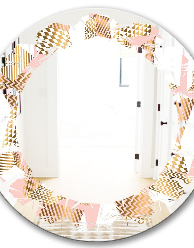 DesignQ Gold And Rose Cubes I - Modern Round Or Oval Wall Mirror - Leaves