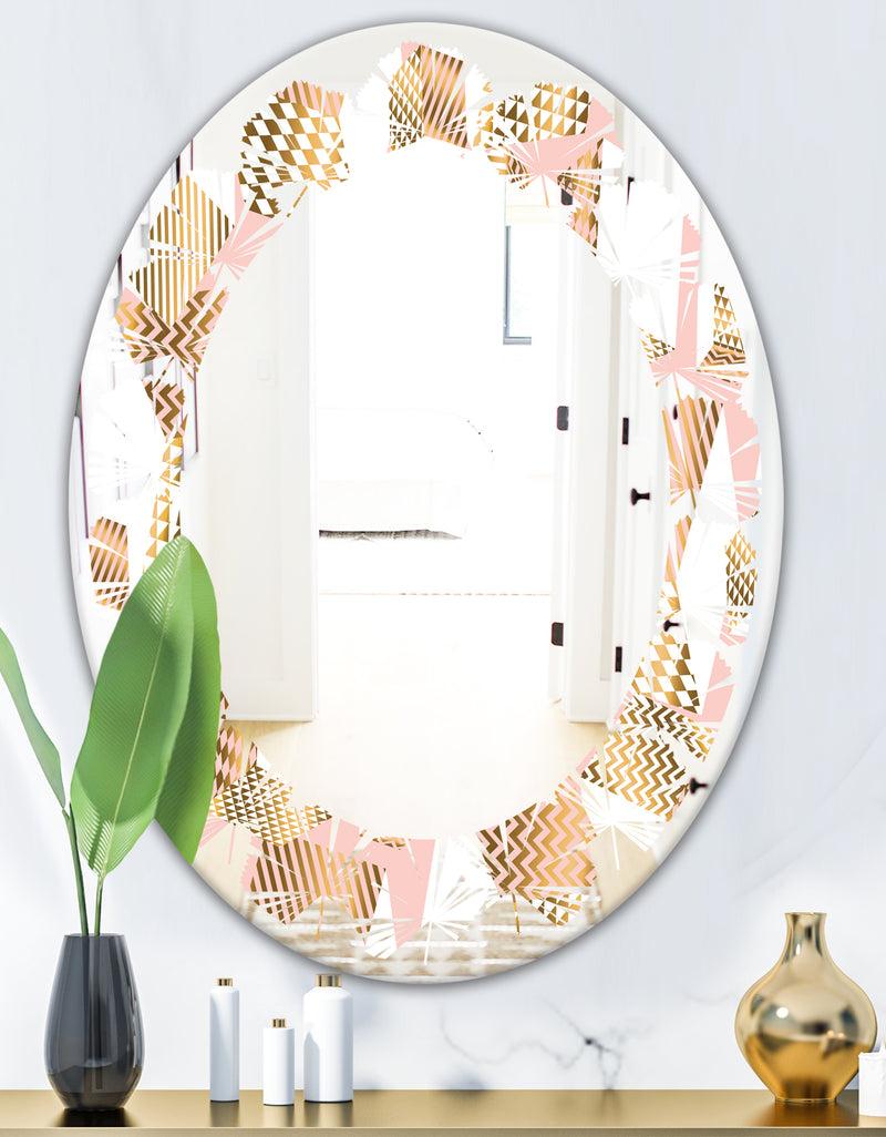 DesignQ Gold And Rose Cubes I - Modern Round Or Oval Wall Mirror - Leaves