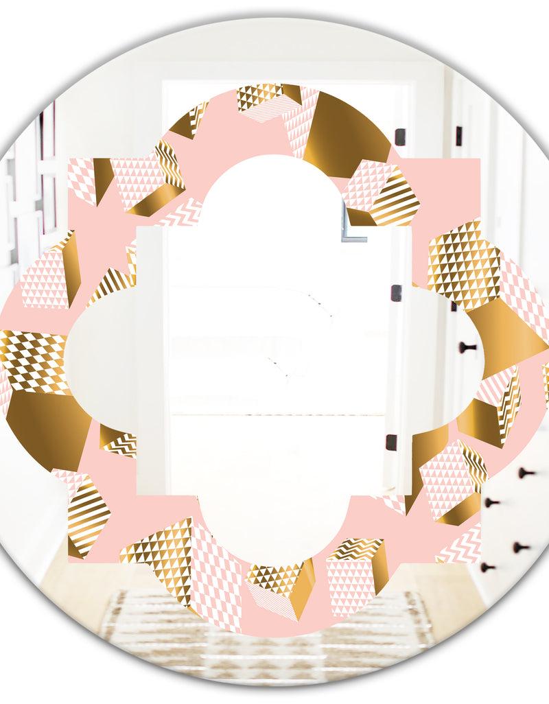 DesignQ Gold And Rose Cubes II - Modern Round Or Oval Wall Mirror - Quatrefoil