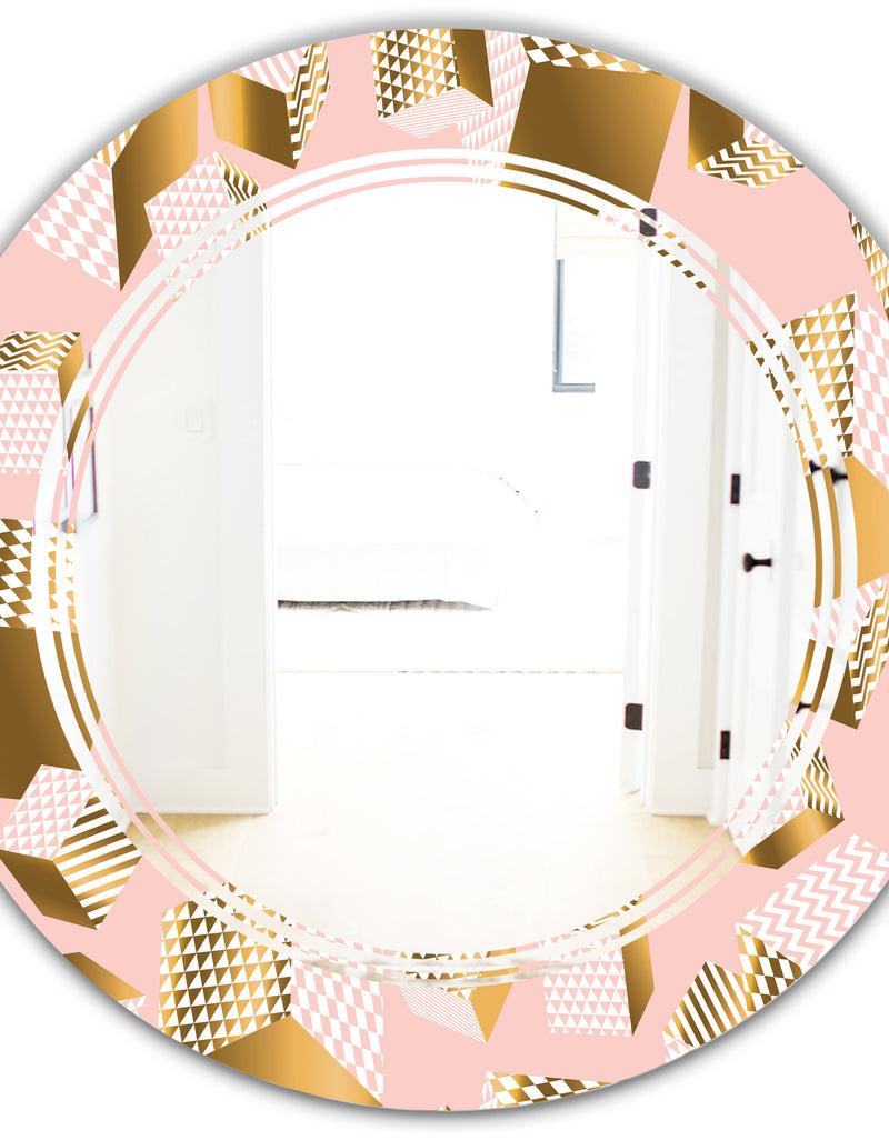 DesignQ Gold And Rose Cubes II - Modern Round Or Oval Wall Mirror - Triple C