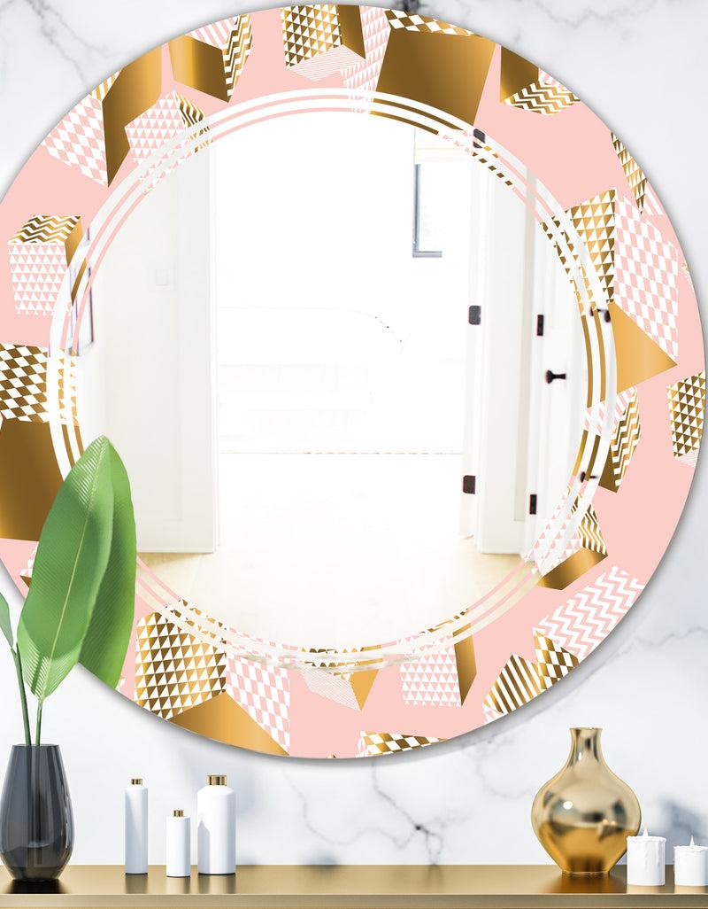 DesignQ Gold and Rose Cubes II - Modern Round or Oval Wall Mirror - Triple C